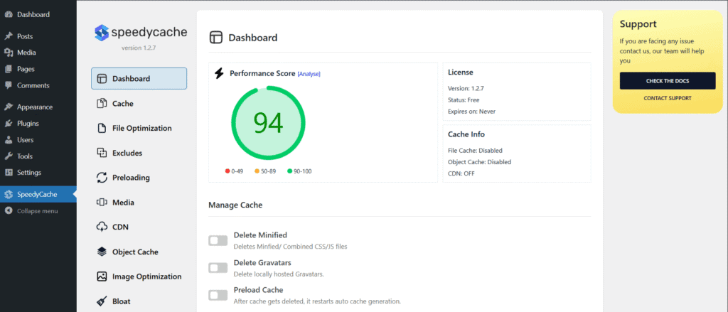 speedycache plugin dashboard